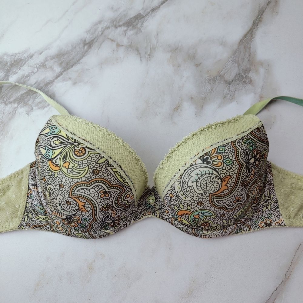 Calvin Klein Green Paisley Lace Push Up Bra, Sz 34D